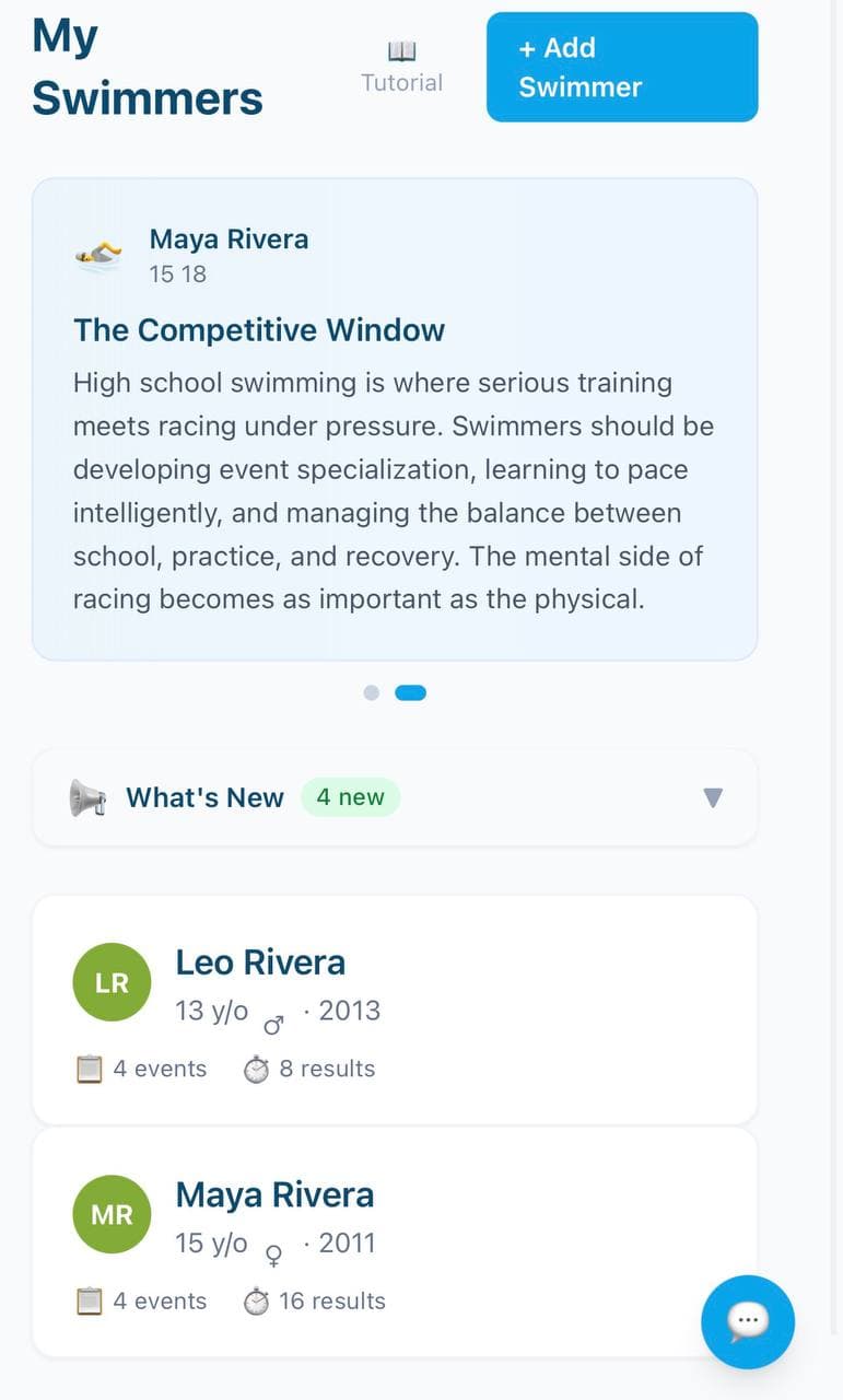 PaceTraq real app dashboard preview with seeded demo swimmers